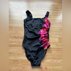 Black Swimsuit with Pink Floral Design